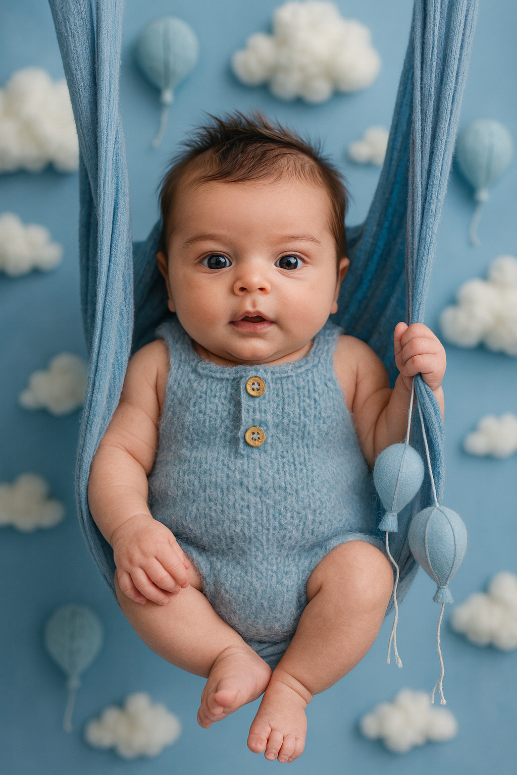 Bebê suspenso em sonho azul