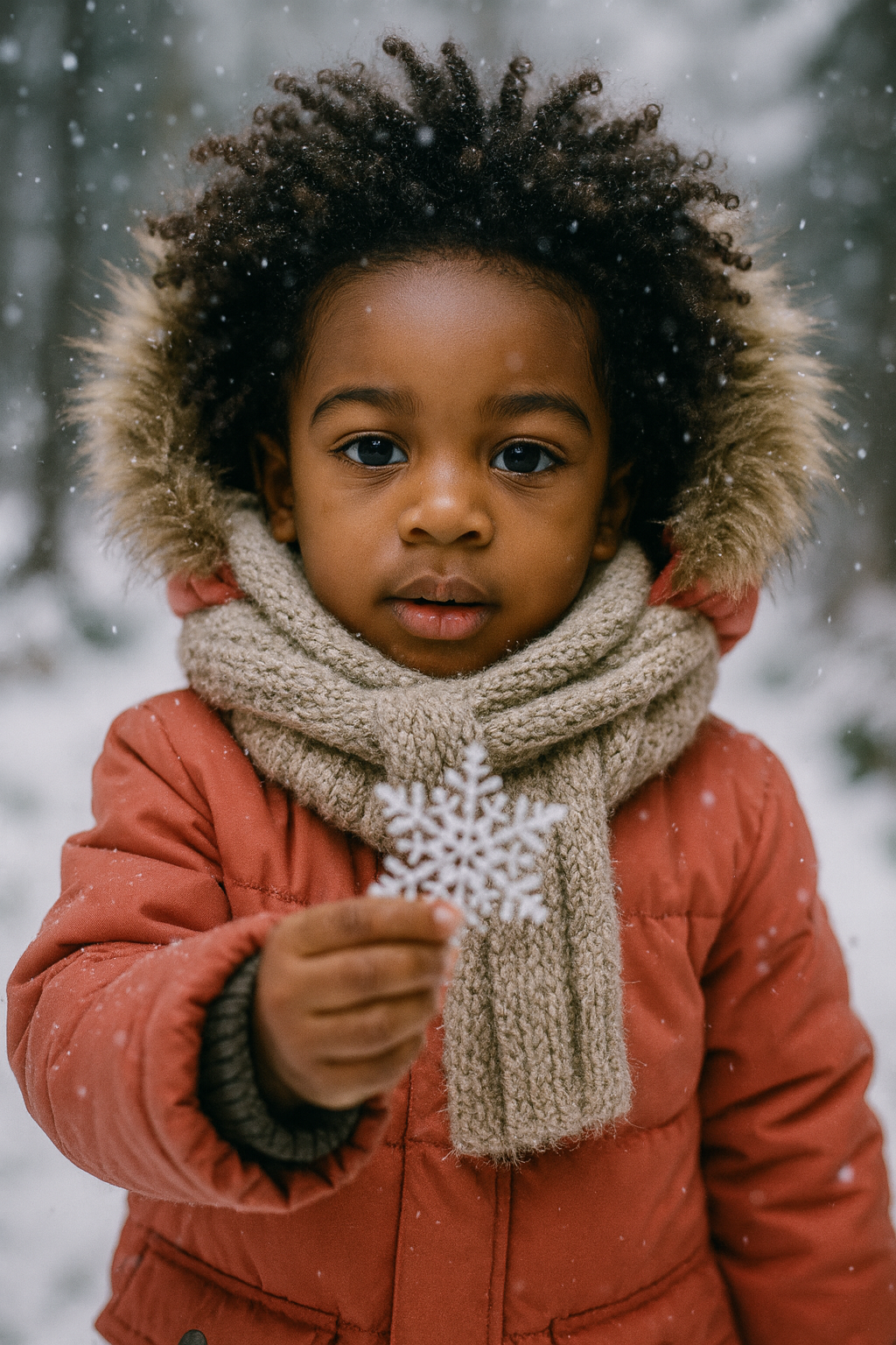 Criança encantada com floco de neve
