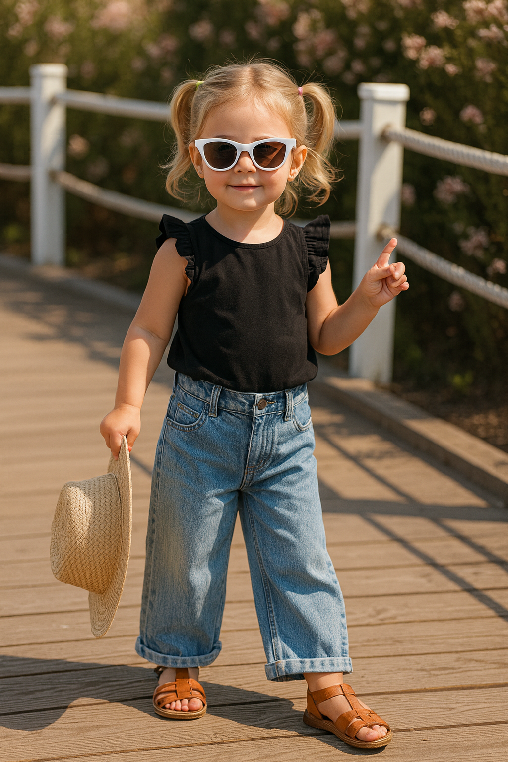 Garota confiante no calçadão de madeira