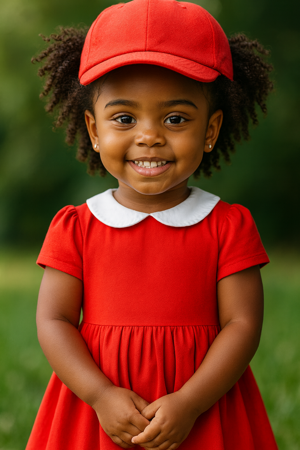 Garota sorridente em vestido vermelho