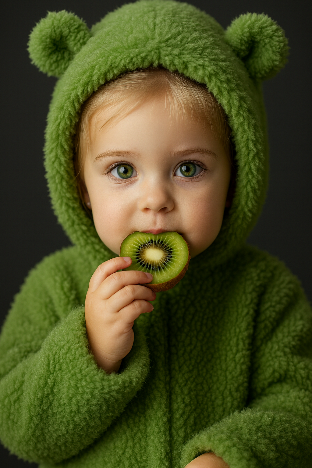 Garotinha de ursos saboreando kiwi