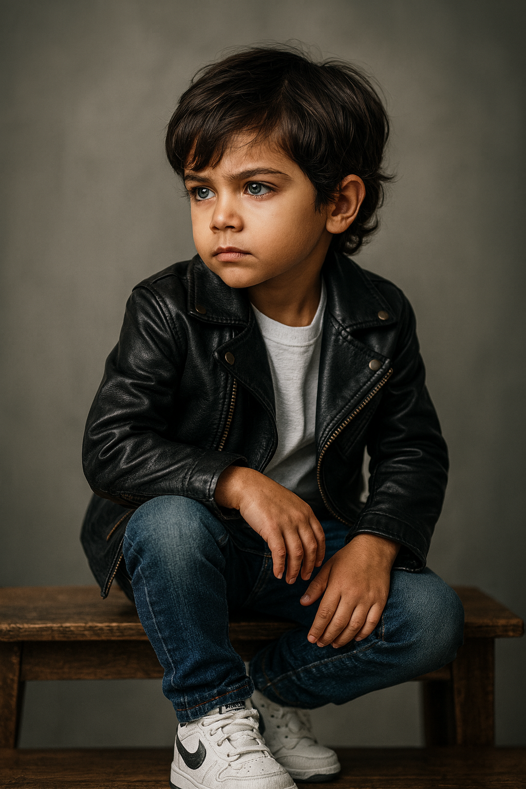 Garoto com jaqueta de couro