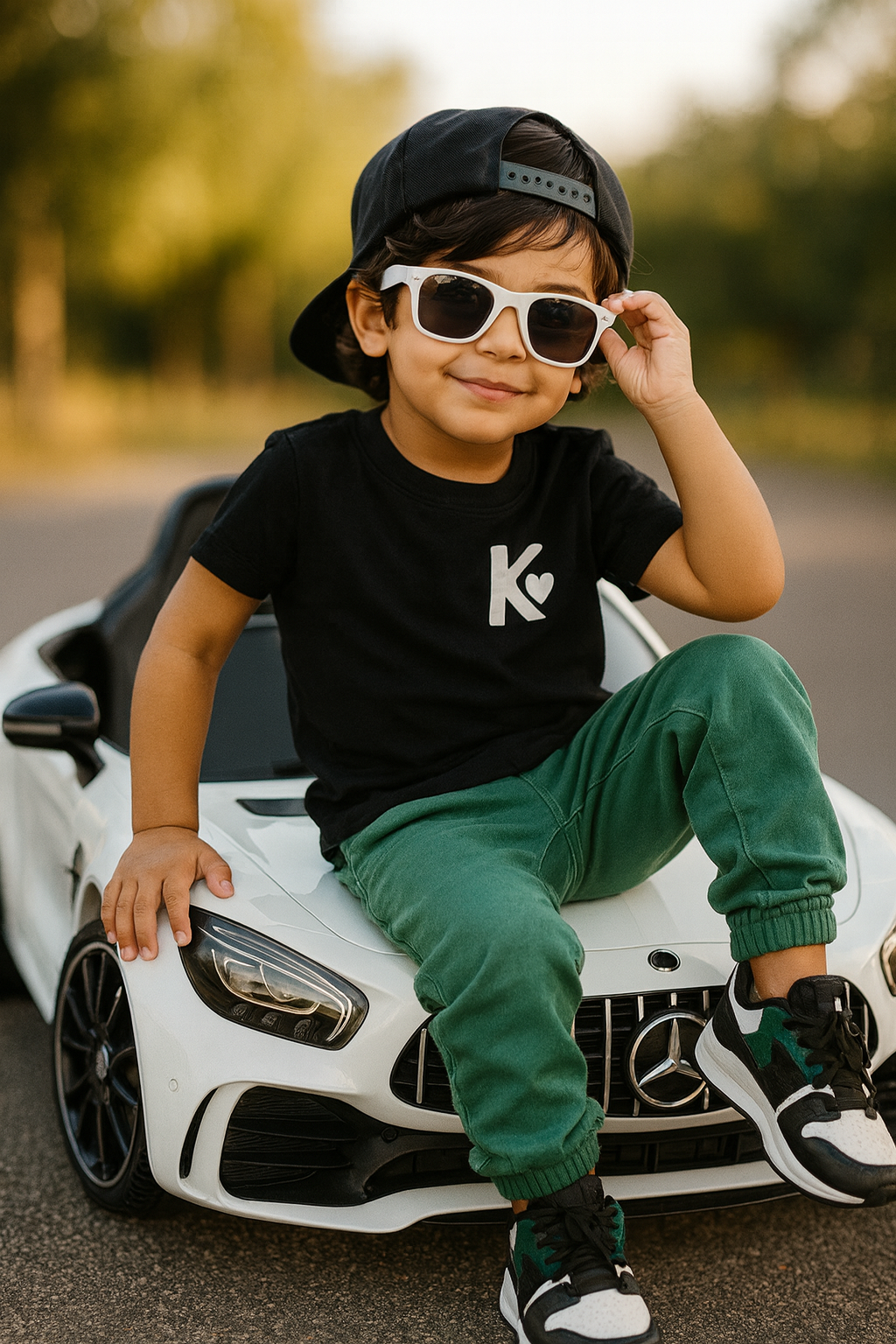 Garoto confiante e carro de luxo