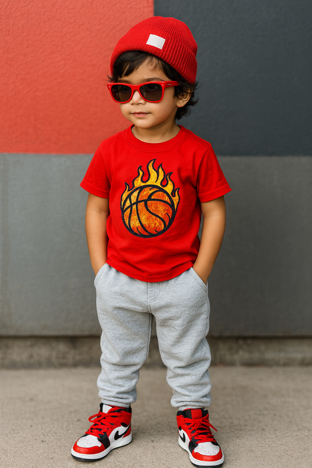 Garoto estiloso diante do mural geométrico