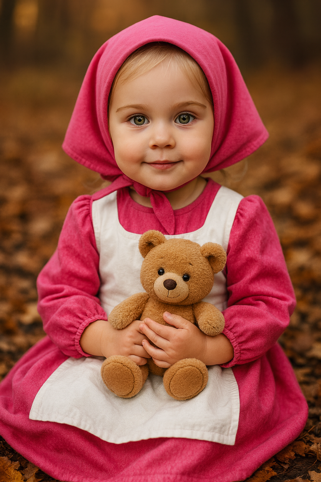 Menina e urso entre folhas de outono