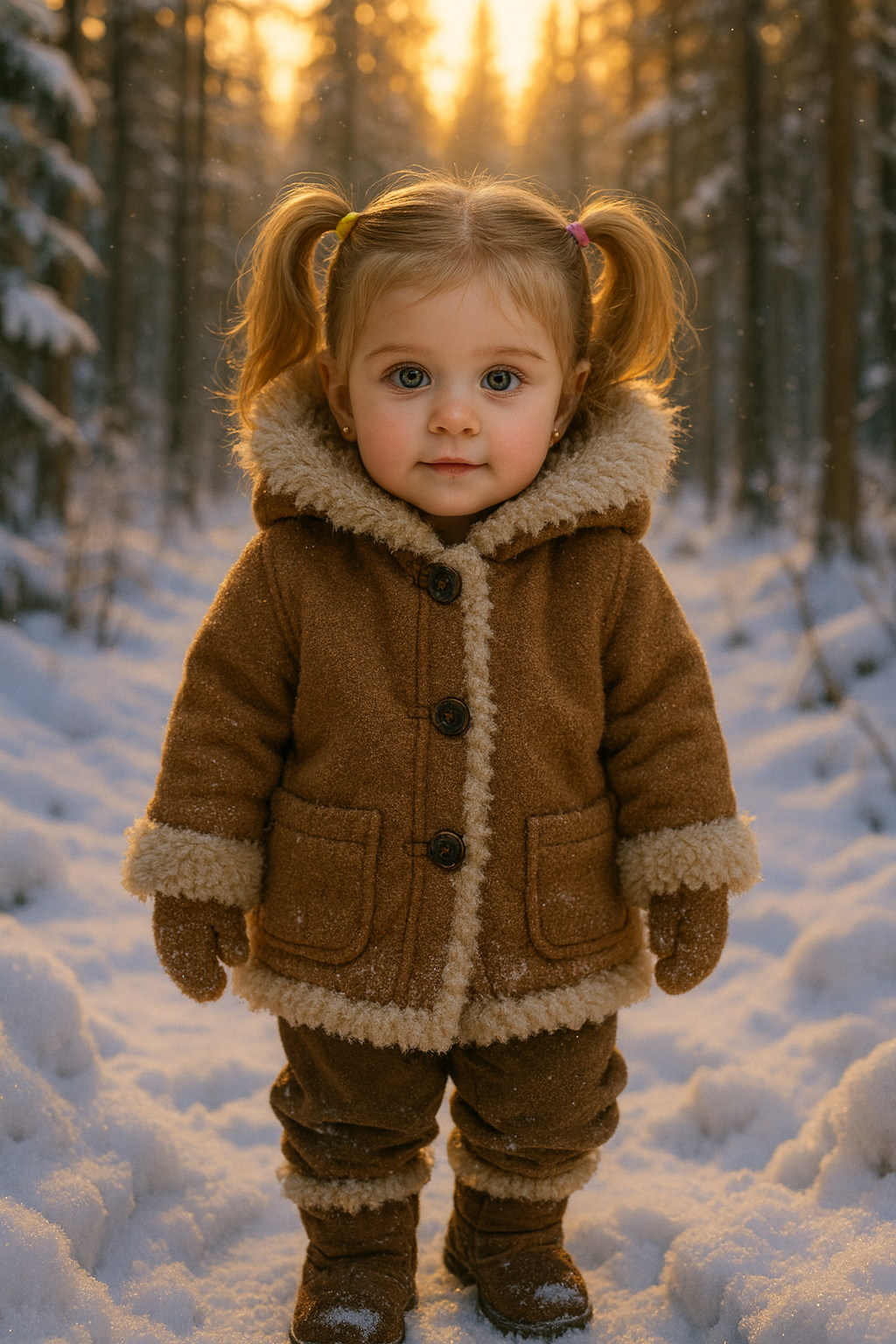 Menina na Floresta Nevada ao Entardecer