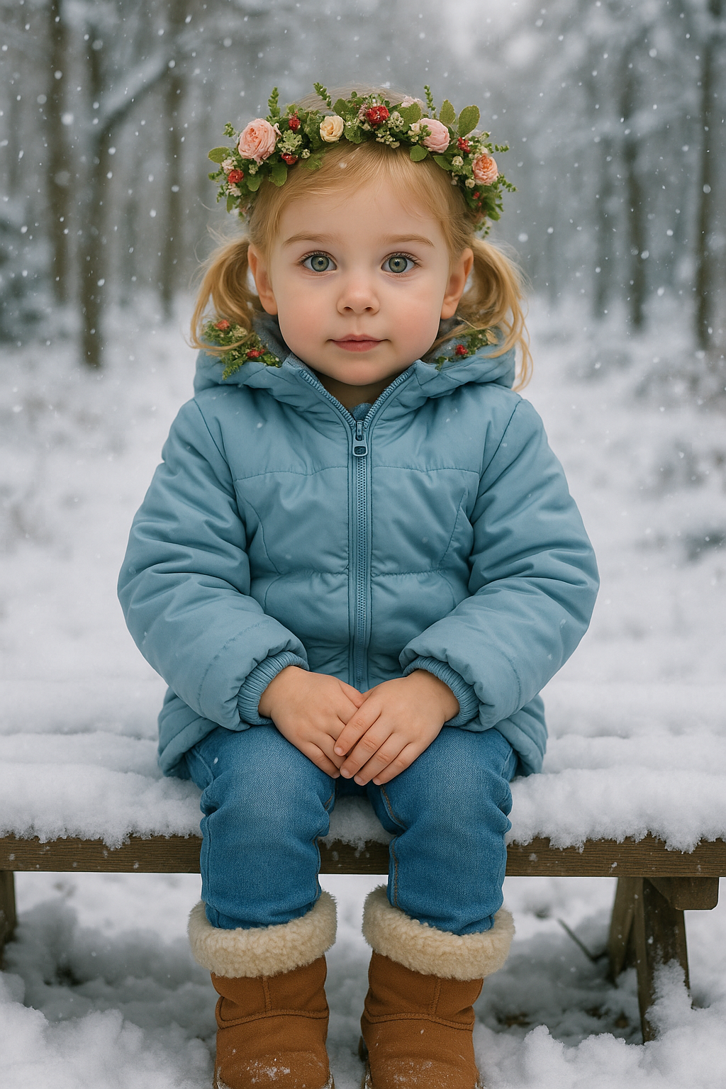 Menina na Neve com Coroa Floral