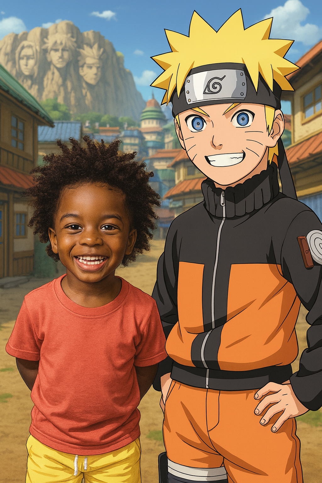 Menino e Naruto na Vila Oculta