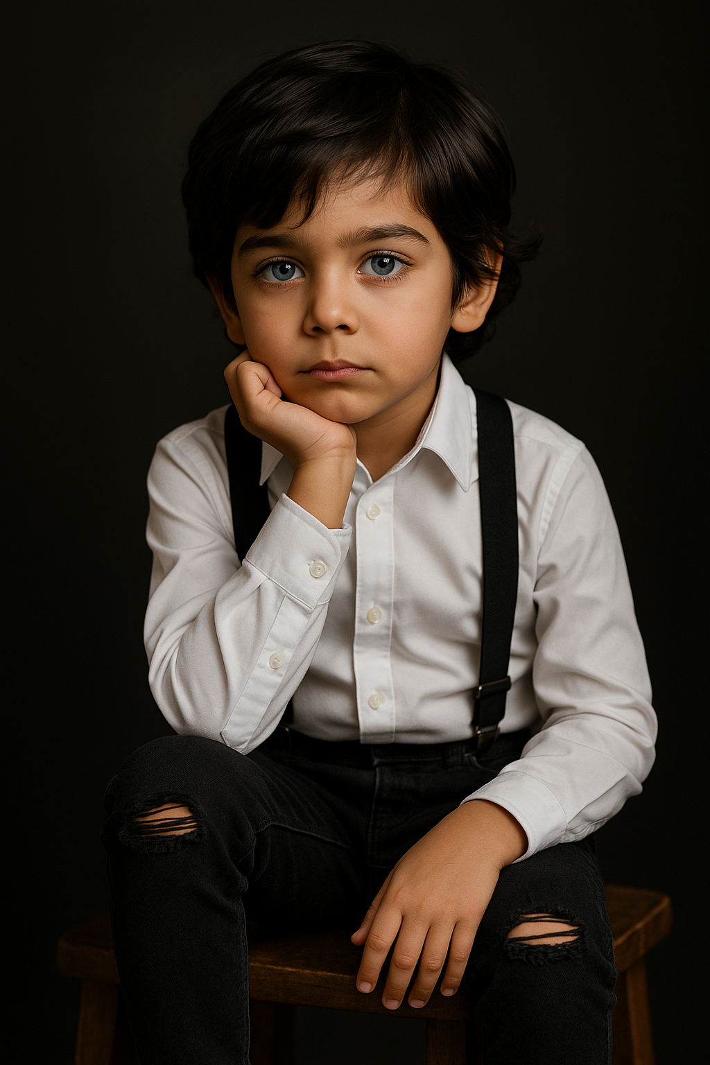 Menino pensativo em fundo escuro