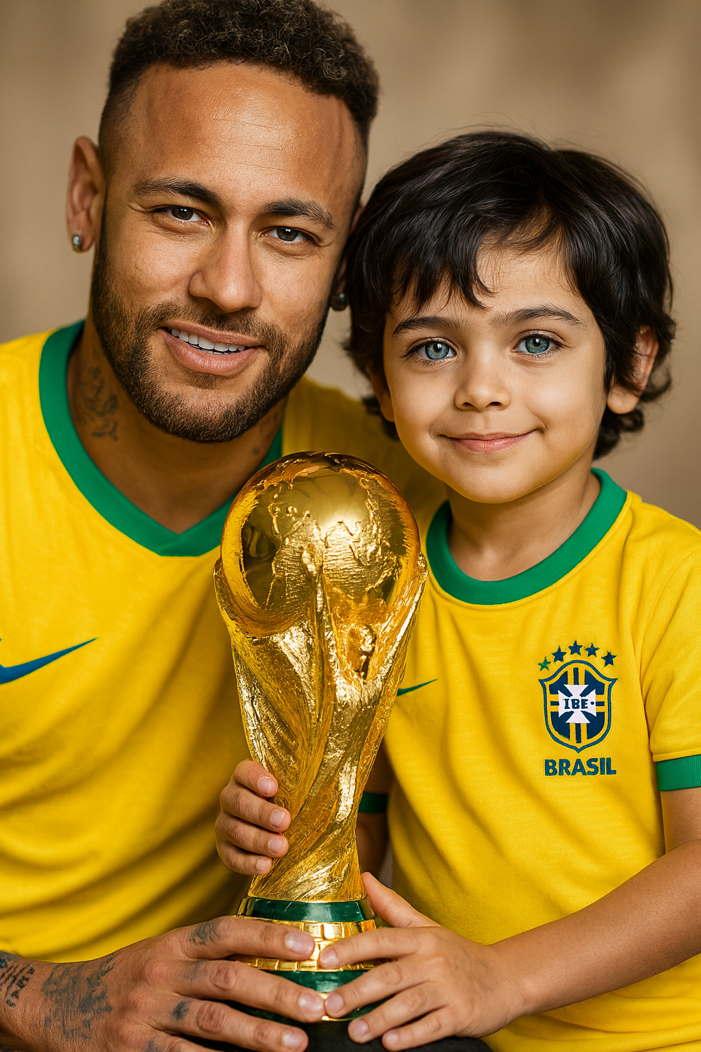 Neymar e garoto com a taça