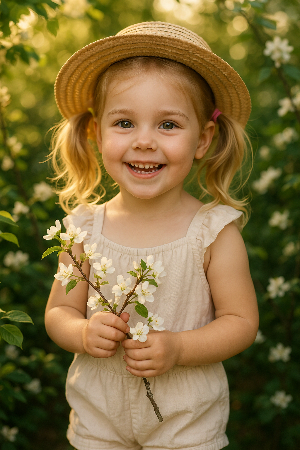 Sorriso radiante entre flores brancas