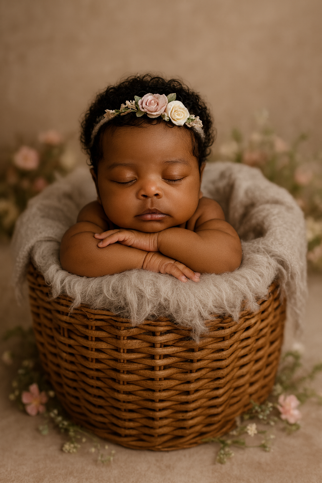 Bebê Adormecida em Cesto Trançado
