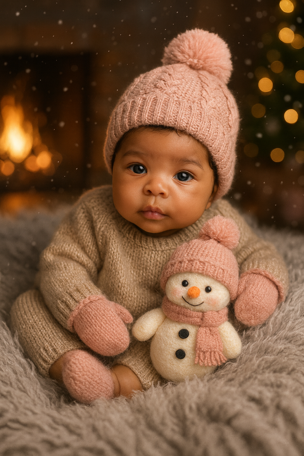 Bebê aconchegado em cenário natalino
