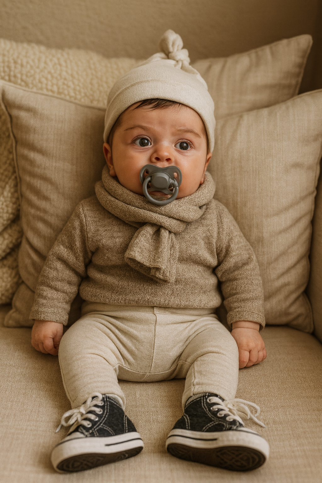 Bebê adorável em sofá neutro