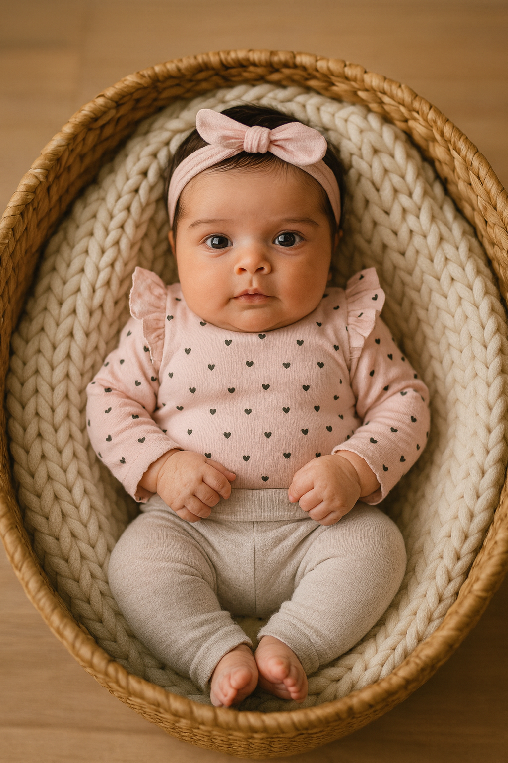 Bebê adorável no cesto de vime