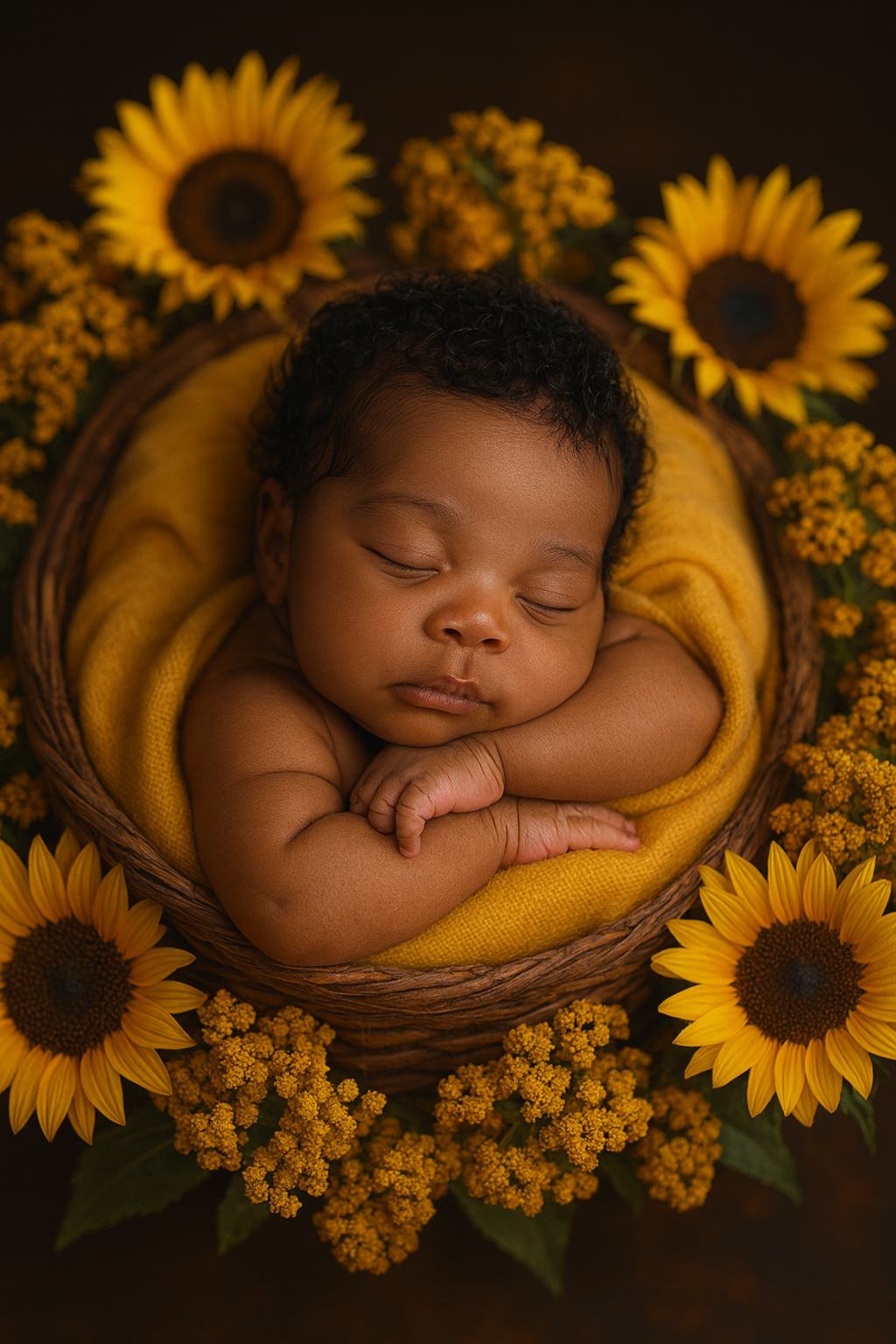 Bebê adormecido entre girassóis dourados