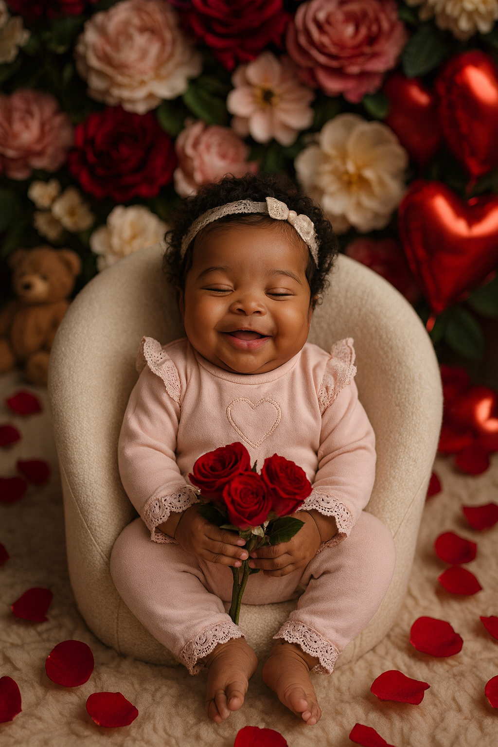 Bebê com buquê e ursinho de pelúcia