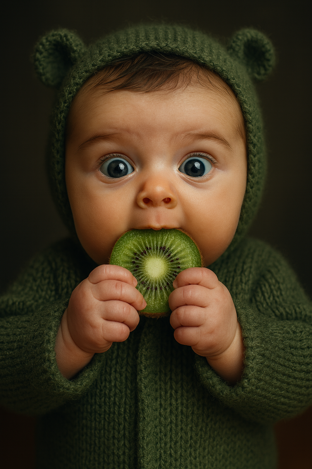 Bebê com kiwi e roupinha verde