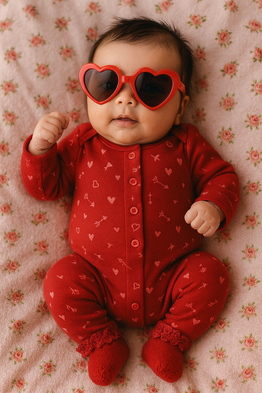 Bebê com óculos de coração vermelho