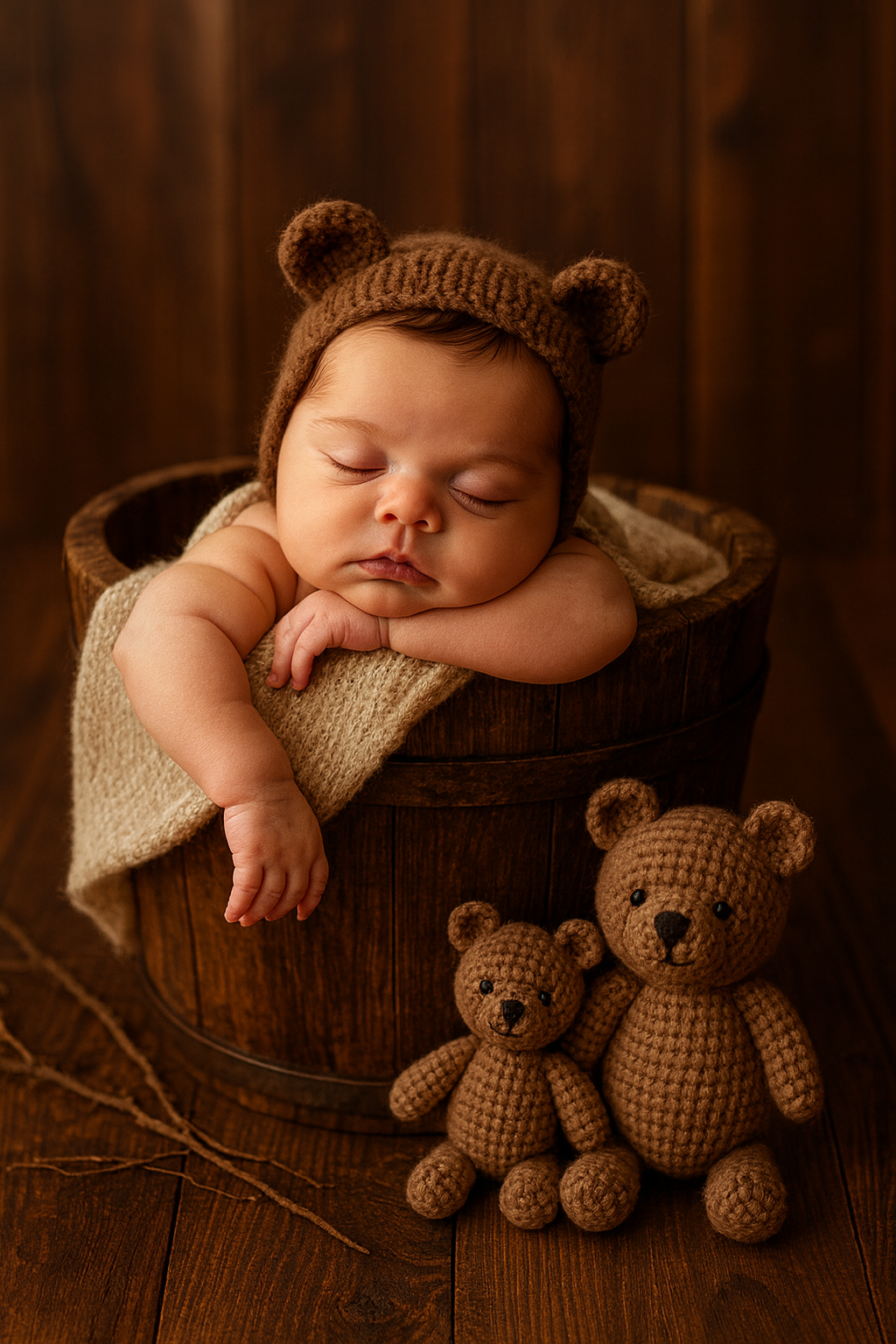 Bebê dormindo em balde rústico