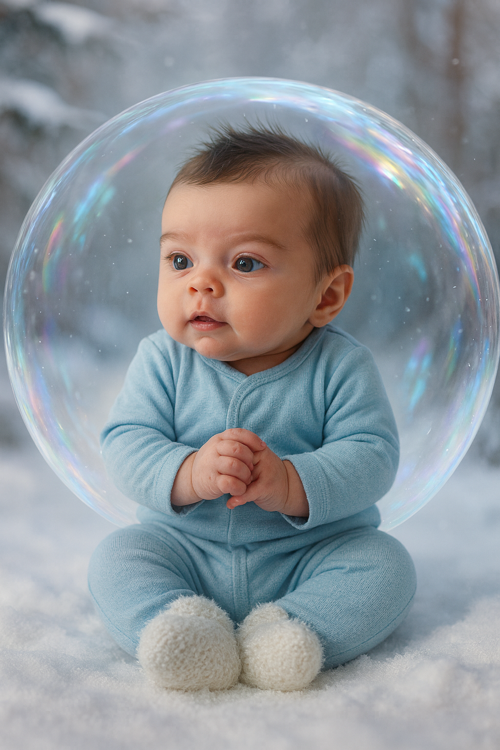 Bebê encantado na bolha de inverno