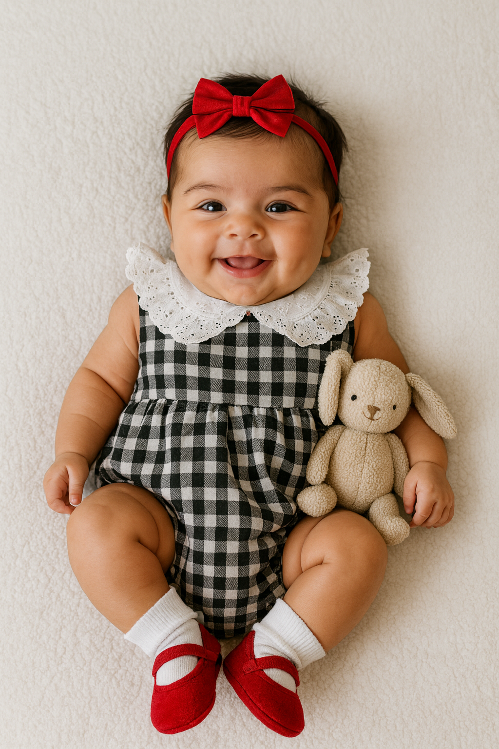 Bebê sorrindo com coelhinho de pelúcia