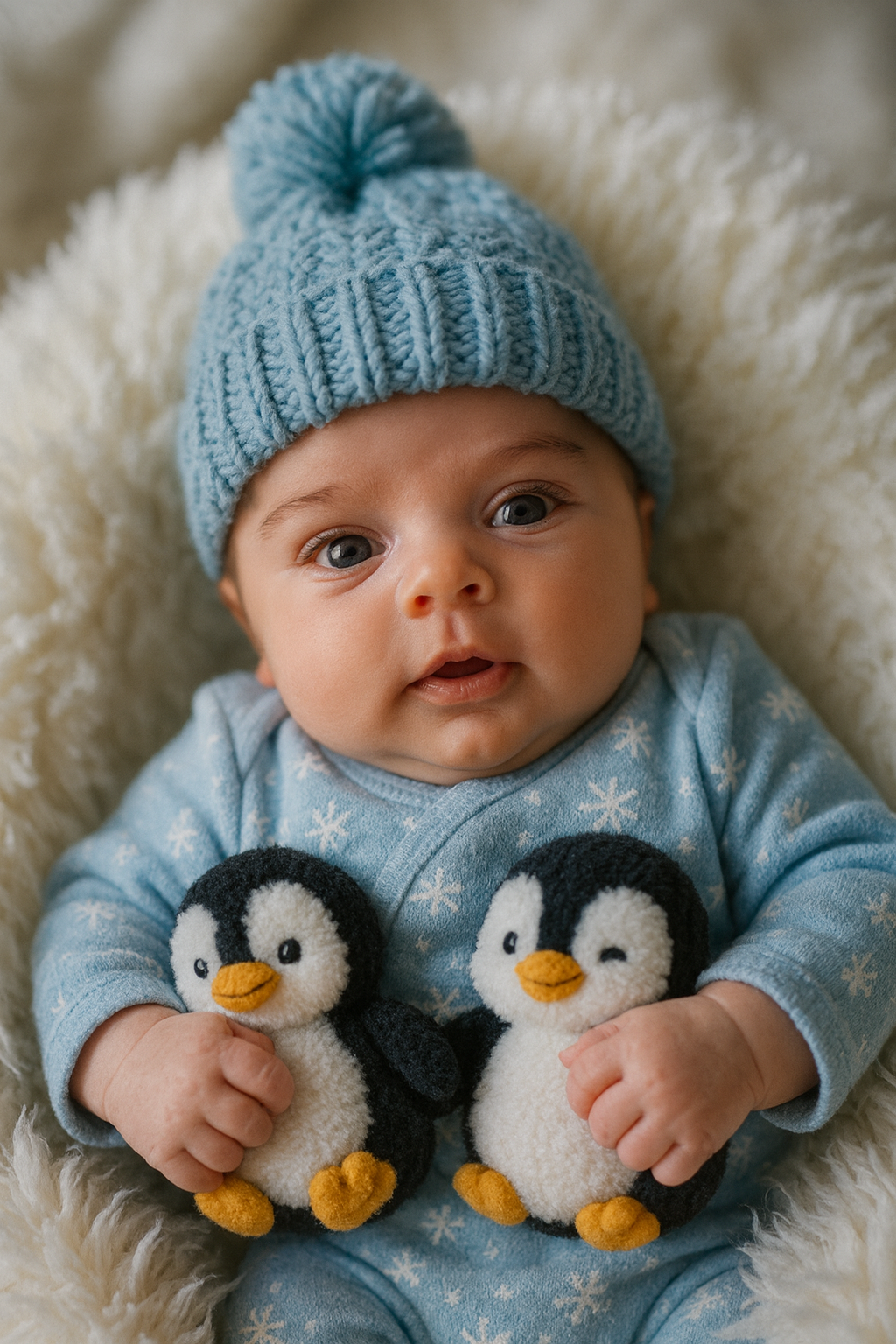 Retrato suave de bebê com pinguins